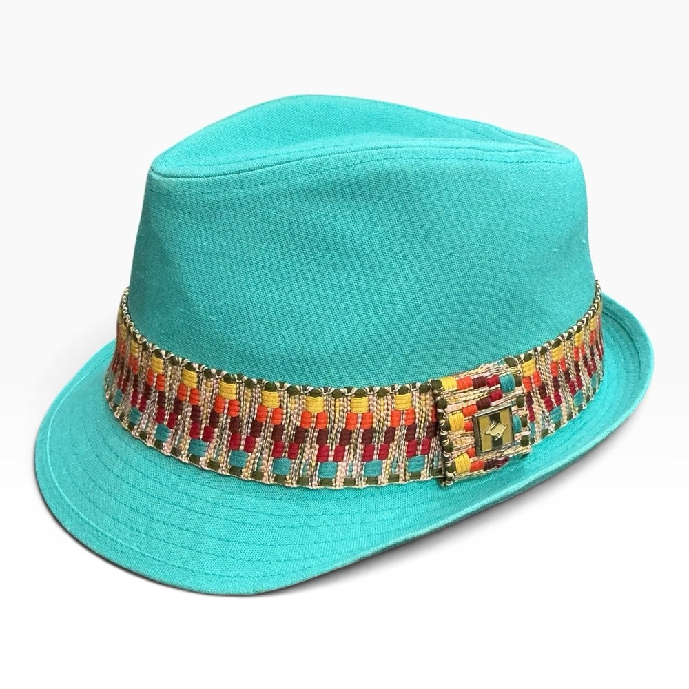 Peter Grimm Turquoise Linen Blend Fedora Hat Woven Boho Band L/XL Unisex